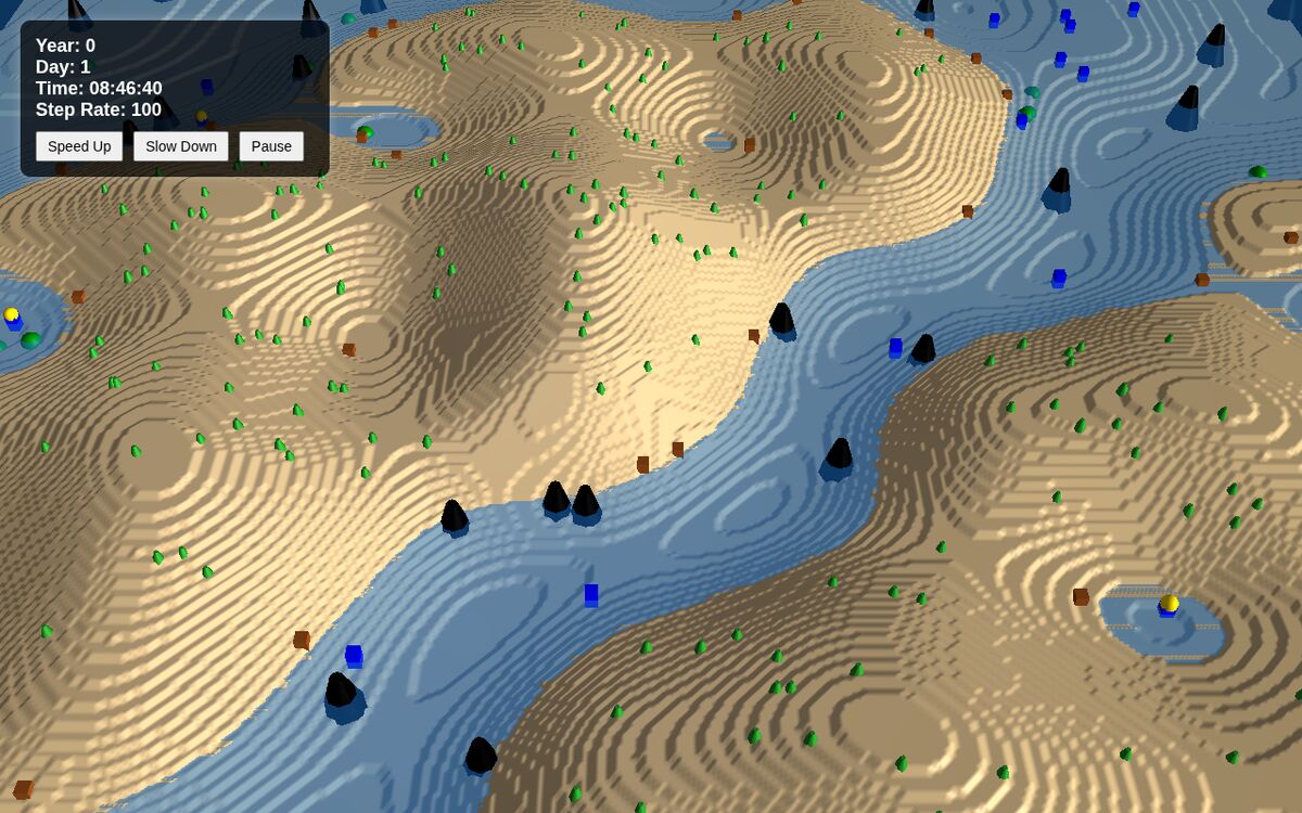 CloudReef: a coastal terrain with contour lines, water, and moving agents